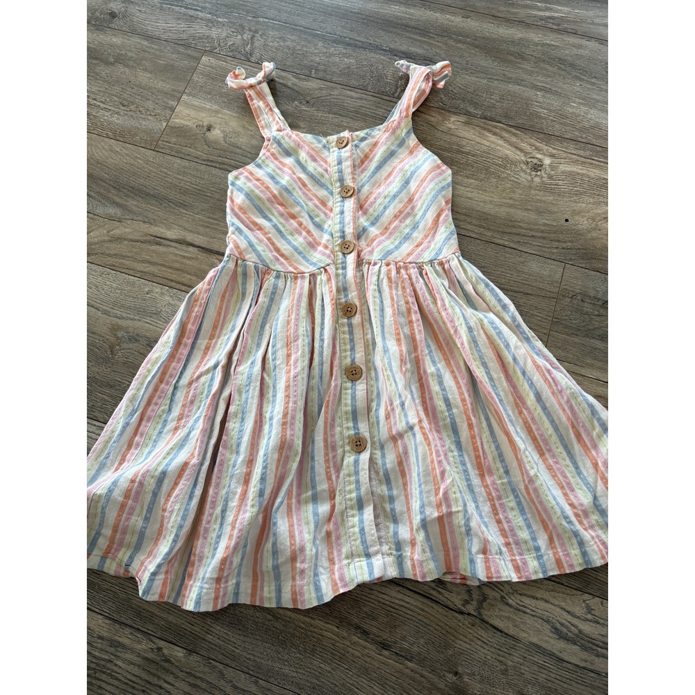 Lucky Penny Girls Pastel Striped Button Front Tie Strap Dress Size 5 Gold Lurex